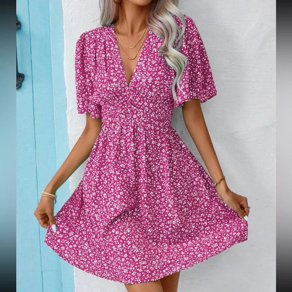 Boho floral print butterfly sleeve mini dress_4
